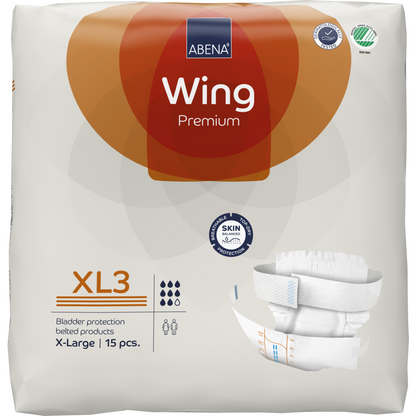 Un paquet ABENA Wing Premium de Abena Re-Seller GmbH, taille X-Large, 15 pièces, avec l'image du produit et les icônes pour une protection ultime, capacité d'absorption et facilité d'utilisation.
