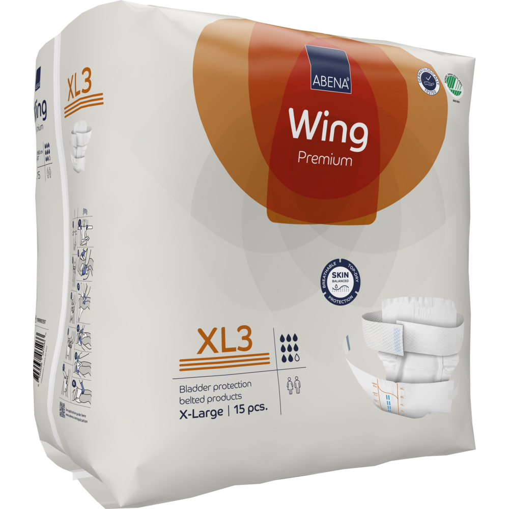 Un paquet de produits d'incontinence ABENA Wing Premium XL3 de Abena Re-Seller GmbH (X-Large, 15 pièces) offre protection et confort dans un emballage principalement blanc avec des accents orange et des informations claires sur le produit.