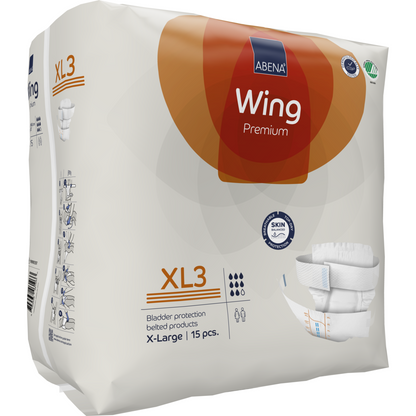 Un paquet de produits d'incontinence ABENA Wing Premium XL3 de Abena Re-Seller GmbH (X-Large, 15 pièces) offre protection et confort dans un emballage principalement blanc avec des accents orange et des informations claires sur le produit.