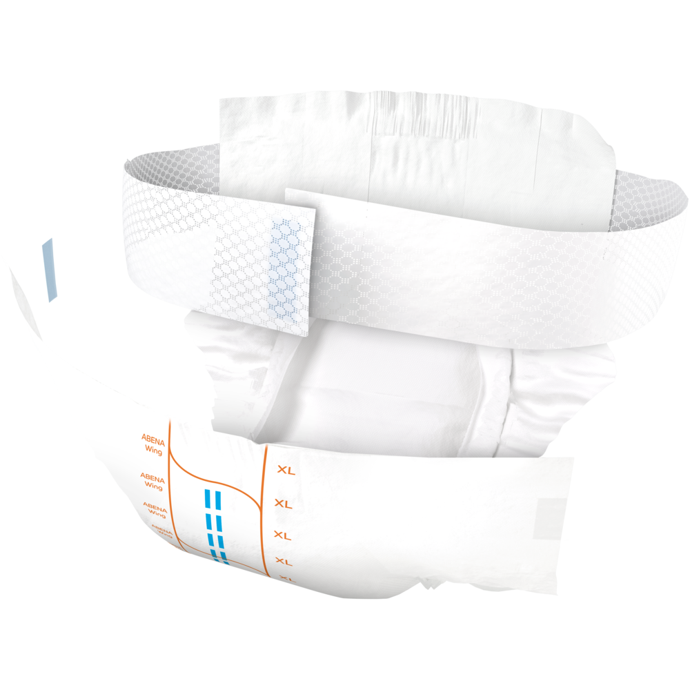 La couche jetable pour adultes ABENA Wing Premium d'Abena Re-Seller GmbH est montrée isolée et dispose de languettes latérales réglables, d'un rembourrage absorbant, d'une ceinture élastique et de marques de taille orange et bleue pour une protection et un confort optimaux.