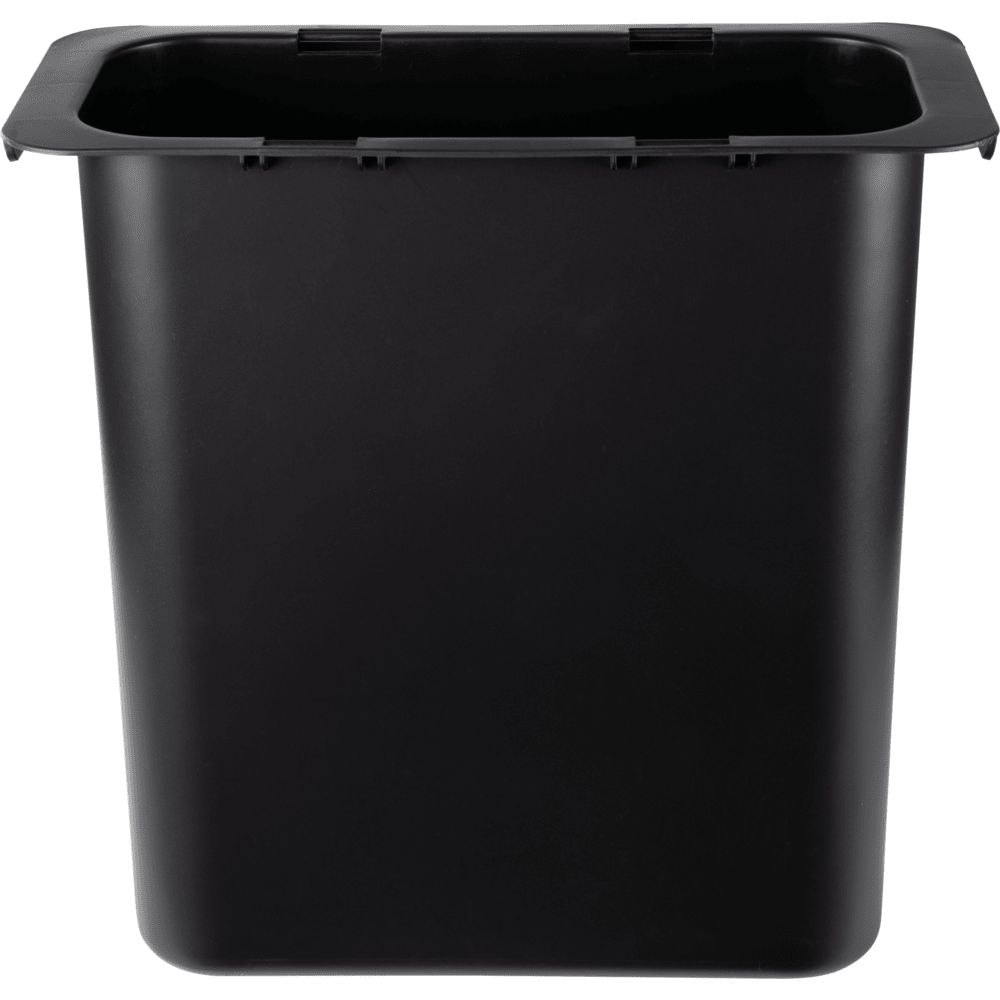 Le conteneur à déchets Abena Re-Seller GmbH 10,2 l pour Sækko Boy (1 pièce), un simple seau en plastique noir rectangulaire avec un large bord et des côtés biseautés, est idéal pour la cuisine et est montré sur un fond blanc.