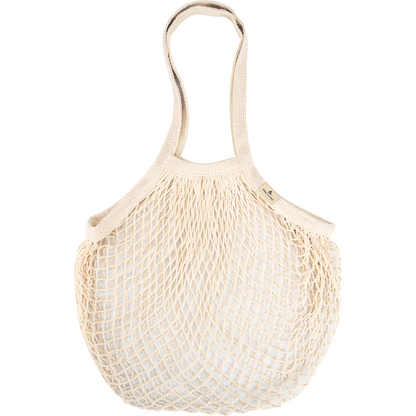 Das ENA Living Einkaufsnetz von Abena Re-Seller GmbH (Karton mit 24 Packungen), beige und wiederverwendbar mit zwei Henkeln, wird leer vor weißem Hintergrund präsentiert - ideal für umweltbewusstes Einkaufen.