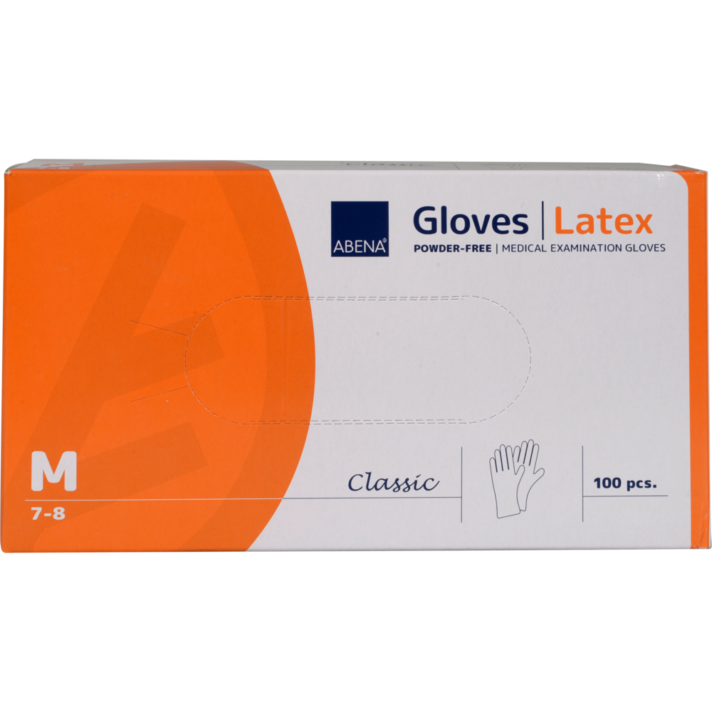 Eine rechteckige Box von Abena Re-Seller GmbH Latex-Handschuhe Classic, Puderfrei, Natur, Größe medium (7-8). Die weiß-orangefarbene Box enthält 100 Handschuhe mit einer Hand-Illustration - ideal für medizinische Einrichtungen.