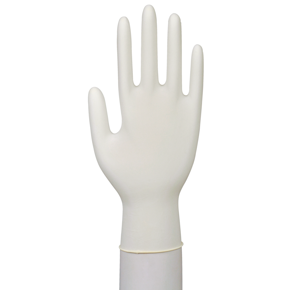 Ein einzelner "Latex-Handschuh Classic, Puderfrei, Natur" von Abena Re-Seller GmbH ist aufrecht und handförmig präsentiert - die Handfläche zeigt nach vorne, Finger gespreizt - perfekt für medizinische Einrichtungen vor weißem Hintergrund.