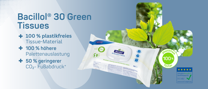 Abgebildet ist eine Packung Bacillol 30 Green Tissues mit grünen Blättern im Hintergrund. Der Text hebt das plastikfreie Material, die höhere Palettendichte und den geringeren ökologischen Fußabdruck hervor. Die Logos der Qualitätszertifizierung sind abgebildet.