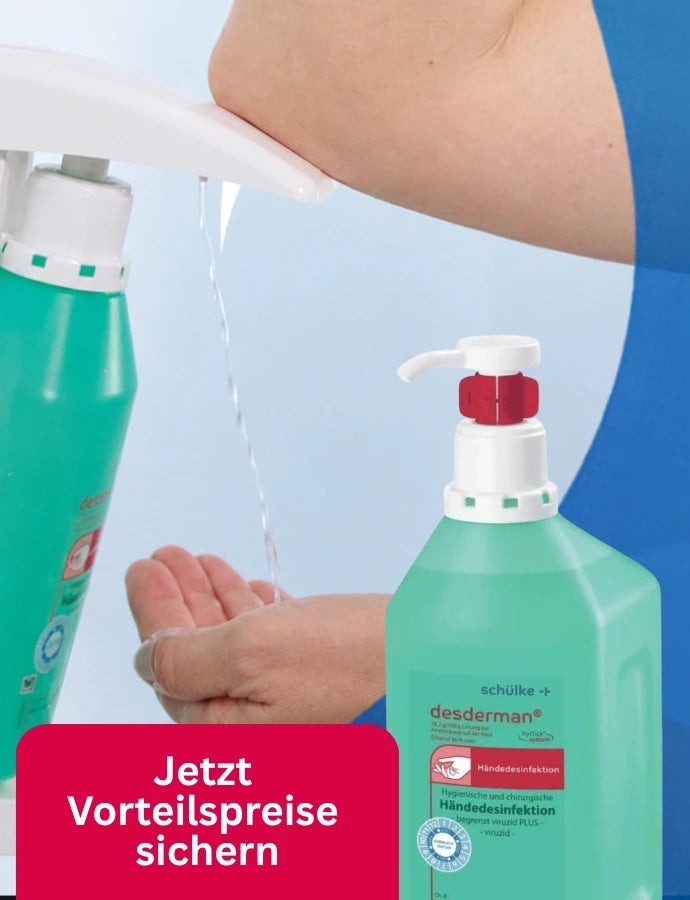 Werbebanner für Händedesinfektion mit Desderman-Spenderflasche und Händen.