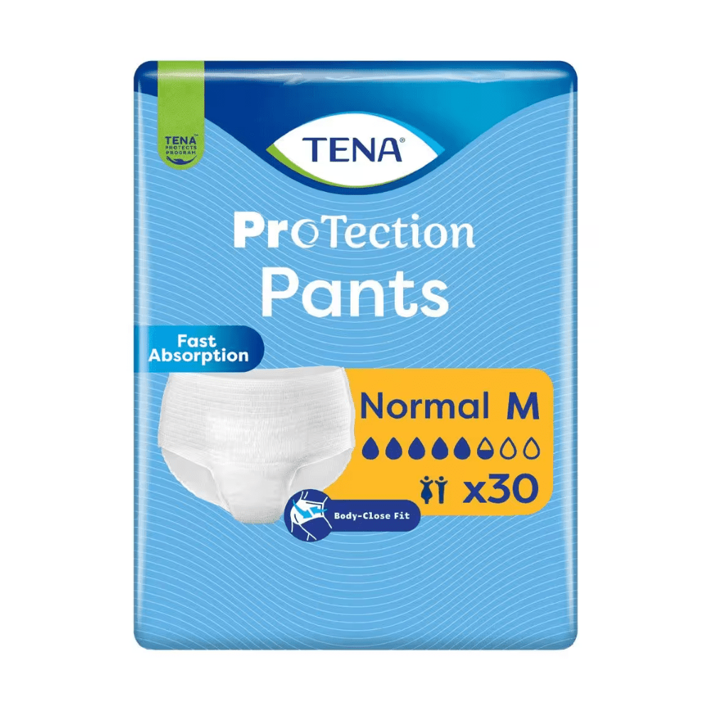 Un paquet de 30 TENA Protection Pants Normal Inkontinenzpants, taille Medium de TENA - Essity Germany GmbH, se distingue par un ajustement proche du corps, une absorption rapide en cas d'incontinence et une capacité d'absorption indiquée par quatre gouttes d'eau sur l'emballage.