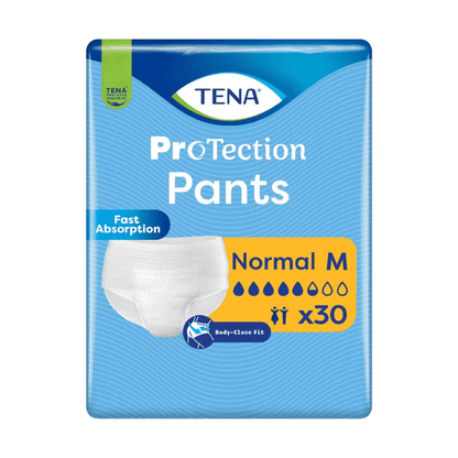 Un paquet de 30 TENA Protection Pants Normal Inkontinenzpants, taille Medium de TENA - Essity Germany GmbH, se distingue par un ajustement proche du corps, une absorption rapide en cas d'incontinence et une capacité d'absorption indiquée par quatre gouttes d'eau sur l'emballage.