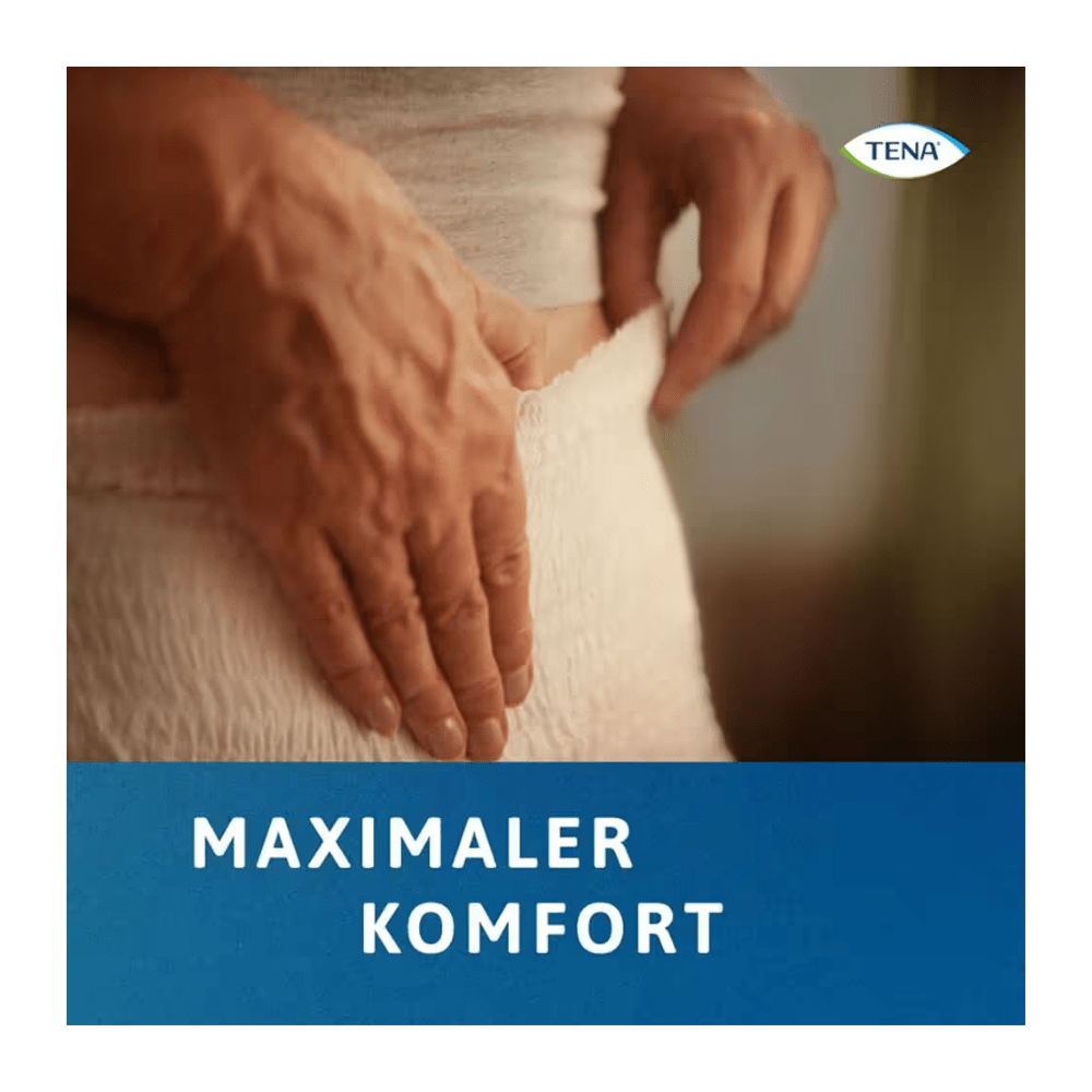 Gros plan sur les mains en train de remonter un TENA Protection Pants Normal Inkontinenzpants léger et texturé de TENA - Essity Germany GmbH. Le texte "CONFORT MAXIMAL" et le logo TENA soulignent le confort et la fiabilité pour les besoins d'incontinence.