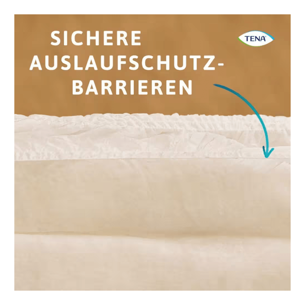 Gros plan sur un insert absorbant beige avec des bords froncés, développé pour les TENA Protection Pants Normal Inkontinenzpants de TENA - Essity Germany GmbH. Texte allemand : "Barrières de protection anti-fuites sûres". Une flèche bleue pointe vers le bord ; logo TENA en haut à droite.