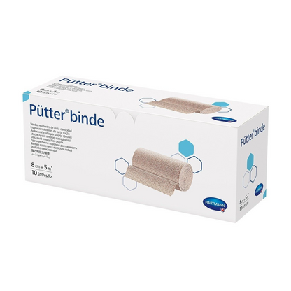 Une boîte Hartmann Pütter-Verband® de la société Paul Hartmann AG, sur le côté de laquelle on peut voir des images du produit, qui est une sorte de bandage cohésif. L'emballage est disponible en bleu et blanc avec du texte et...