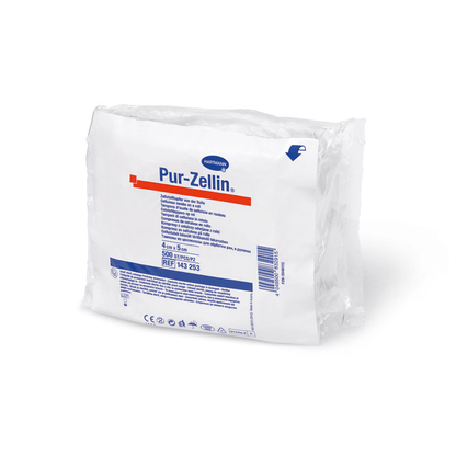 Un emballage scellé du tampon cellulaire Hartmann Pur-Zellin® 4 x 5 cm de Paul Hartmann AG avec des informations produit et un code-barres, isolé sur fond blanc.