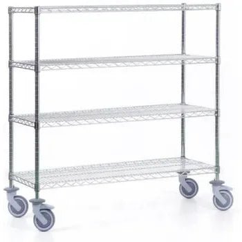 Le chariot d'étagère Novocal en acier de précision, nickelé et chromé brillant, avec 4 montants d'angle et 4 étagères, est idéal pour le stockage et le transport flexible de marchandises. Emballage : 1 pièce.
