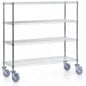 Le chariot d'étagère Novocal en acier de précision, nickelé et chromé brillant, avec 4 montants d'angle et 4 étagères, est idéal pour le stockage et le transport flexible de marchandises. Emballage : 1 pièce.