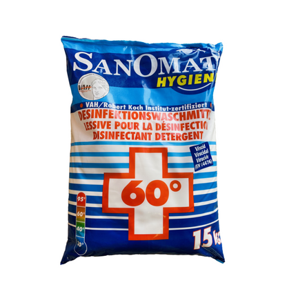 Un emballage de 15 kg de Rösch Sanomat Détergent désinfectant de Rösch Germany GmbH est conçu en bleu et rouge et doté d'une croix rouge frappante. Il est listé par le RKI, certifié VAH et adapté pour des températures de lavage jusqu'à 60 degrés Celsius.