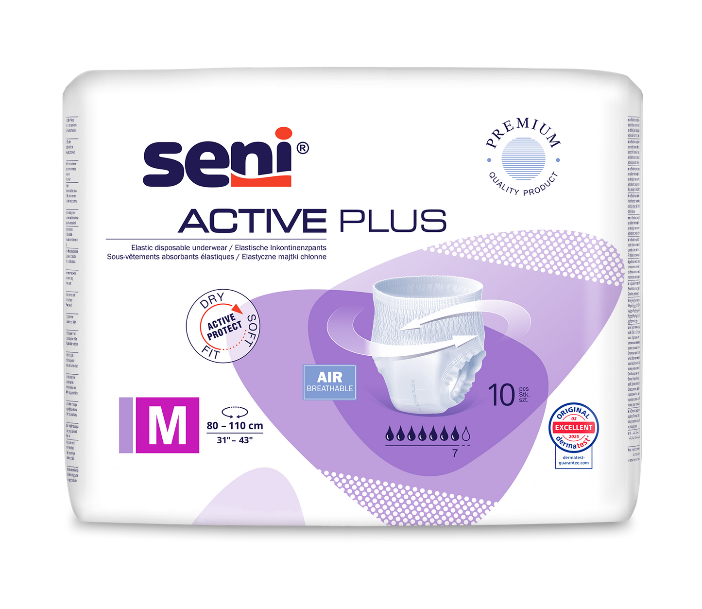 Un paquet de 10 culottes d'incontinence Seni Active Plus de TZMO Deutschland GmbH, taille M (80-110 cm de tour de taille). L'emballage blanc-violet montre une image de couche et indique une respirabilité plus une haute capacité d'absorption pour la faiblesse vésicale.