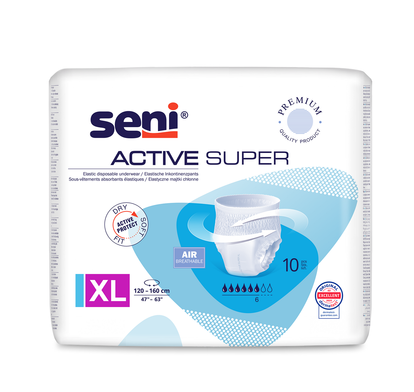 Les Seni Active Super Inkontinenzpants de TZMO Deutschland GmbH offrent la taille XL (120-160 cm), 10 gouttes d'absorption, respirabilité et protection efficace pour faiblesse vésicale. Elles ont un design bleu-blanc avec illustration du produit.