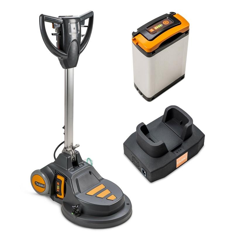 Le kit de démarrage TASKI ERGODISC FLEXX 43 de Diversey Deutschland GmbH & Co. OHG est une monobrosse à batterie avec trois vitesses et un design distinctif, livrée avec batterie et station de charge (1 pièce).