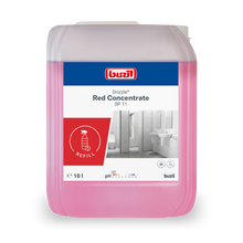 Ein 10-Liter-Kanister Drizzle® Red Concentrate Sanitärreiniger (rot) der BUZIL-WERK Wagner GmbH & Co. KG, ideal für Bad und Sanitärreinigung, verfügt über ein Etikett mit Badabbildungen und detaillierten Anwendungshinweisen.