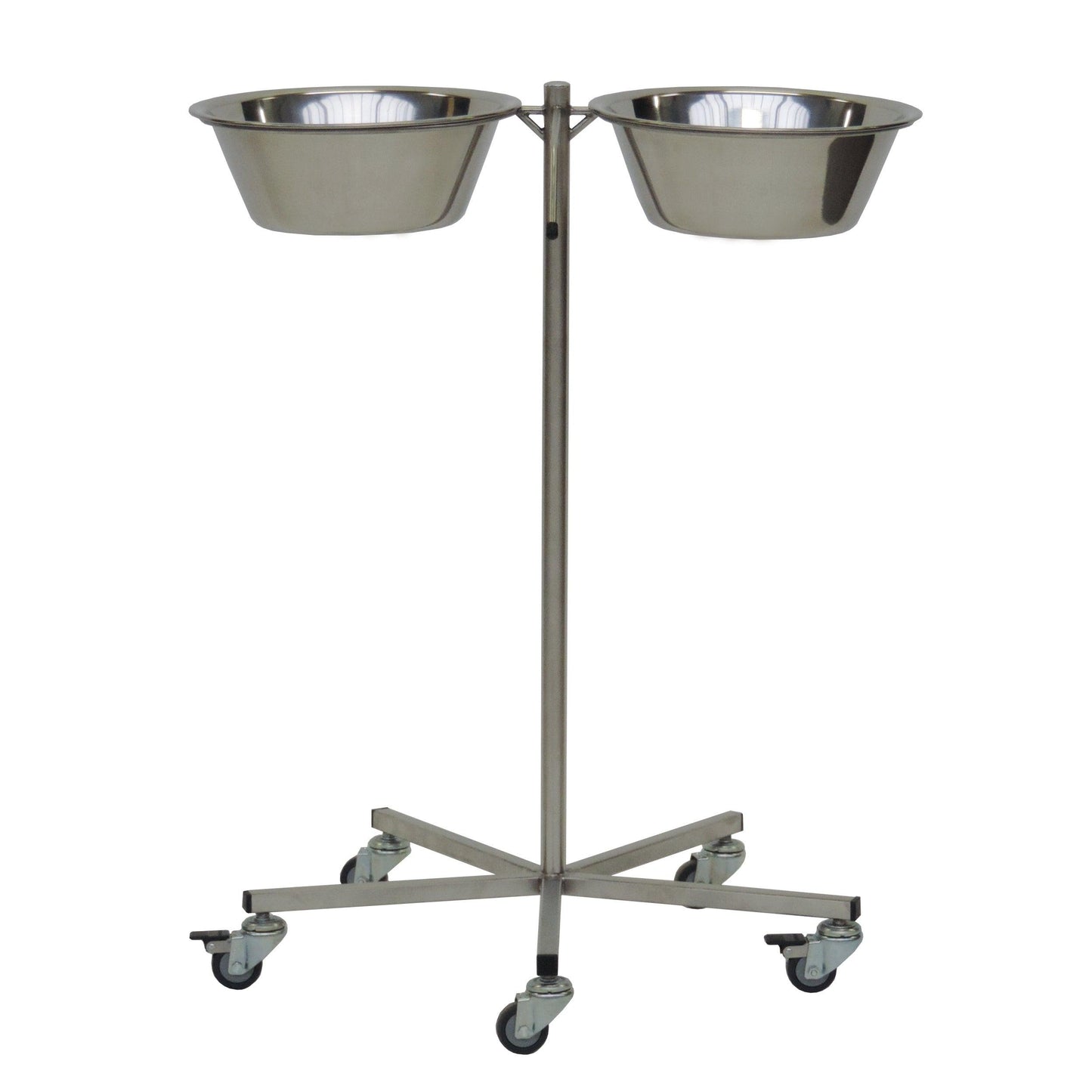 Der Novocal Schalenständer (700 x 600 x 800 mm) aus Edelstahl bietet zwei runde Schalen und steht auf einer stabilen Basis mit fünf Leichtlauflenkrollen - perfekt für Gastronomie und maximale Mobilität.