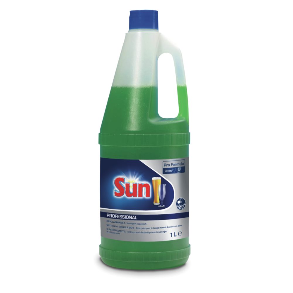 Une bouteille de 1 litre de détergent pour verres à bière SUN Professional de Diversey Deutschland GmbH & Co. OHG contient un liquide vert inodore, un bouchon bleu et une poignée bleue, et présente la marque à côté de l'image d'un nettoyant pour verre.