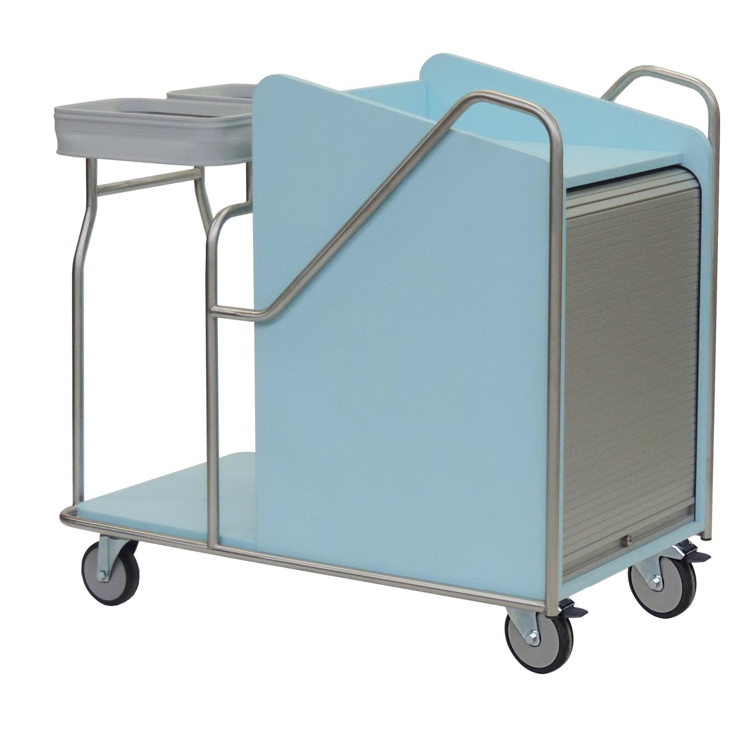 Un chariot de station Novocal avec un cadre en acier inoxydable, des connexions de tuyaux entièrement soudées, quatre roues, un panneau latéral, deux conteneurs gris sur le dessus et un compartiment avant rabattable pour les matériaux de transport.