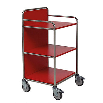 Ein Novocal Stationswagen mit Edelstahlrahmen und vollverschweißten Rundrohrverbindungen, fotografiert vor einem weißen Hintergrund.