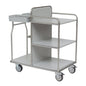 Der Novocal Stationswagen Rahmen aus Edelstahl mit rundum verschweißten Rohrverbindungen bietet drei Ablagen, vier Rollen, einen oberen Reling und ein Doppelfach-perfekt als vielseitiger Medizinwagen für geordnete Aufbewahrung und Mobilität.