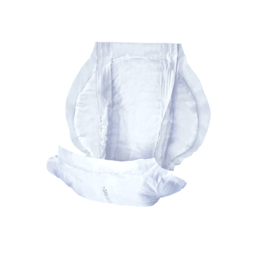 Sur un fond blanc est représentée la protection urinaire San Seni Classic Prima de TZMO Deutschland GmbH. La couche avec côtés élastiques pour l'incontinence est pliée et dispose de barrières anti-fuites pour une protection supplémentaire. Le paquet contient 30 pièces.
