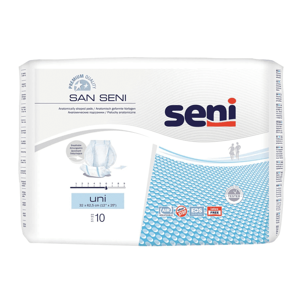 Un paquet de couches Seni San Uni Inkontinenzvorlage pour adultes de TZMO Deutschland GmbH contre l'incontinence urinaire. L'emballage du produit est décoré d'un design avec des points bleus dispersés, y compris des symboles pour le flux d'air, la respirabilité et les propriétés sans latex.