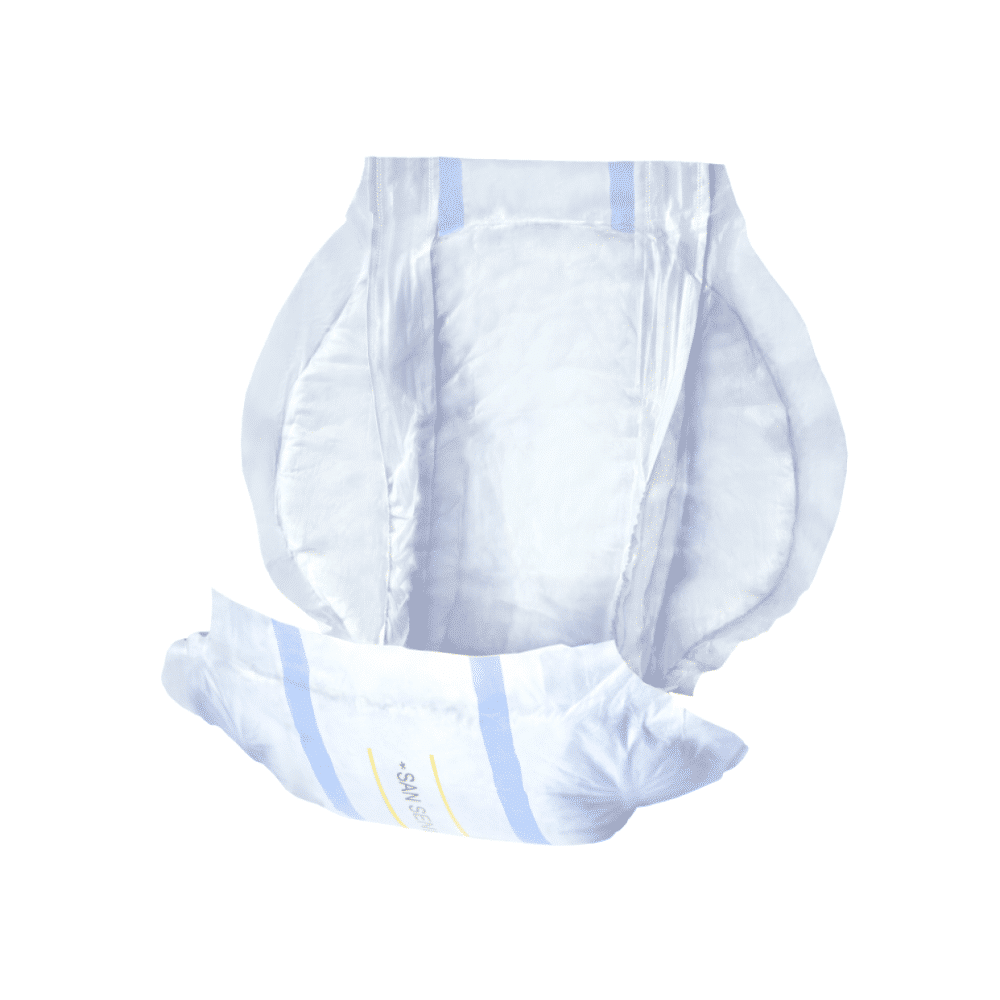 Une couche pour adultes avec des fermetures élastiques aux jambes et des bandes adhésives, conçue pour l'incontinence urinaire, représentée isolément sur fond blanc par Seni San Uni Inkontinenzvorlage de TZMO Deutschland GmbH.