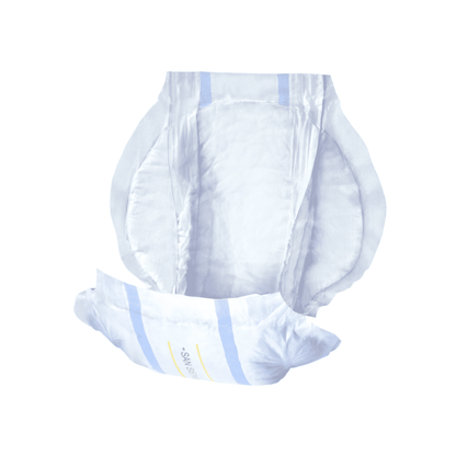 Une couche pour adultes avec des fermetures élastiques aux jambes et des bandes adhésives, conçue pour l'incontinence urinaire, représentée isolément sur fond blanc par Seni San Uni Inkontinenzvorlage de TZMO Deutschland GmbH.