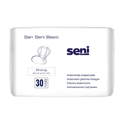 L'emballage de la protection urinaire San Seni Classic Prima de TZMO Deutschland GmbH montre le logo de la marque et le nom du produit. Elle désigne des protections anatomiquement formées pour l'incontinence, mesure 32,5 x 61 cm, offre une protection fiable contre les fuites et contient 30 pièces.