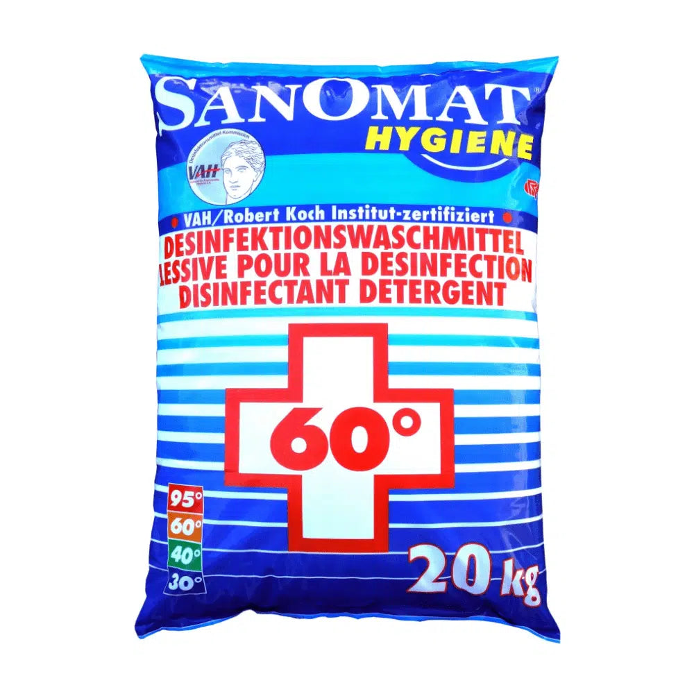 Un sac bleu avec l'inscription „Rösch Sanomat Détergent désinfectant“ est marqué sur le devant avec une croix rouge et „60°“, indiquant son utilisation comme désinfectant de 20 kg. Le produit de Rösch Germany GmbH est listé par le RKI et certifié VAH, les informations sont disponibles en allemand et en français.