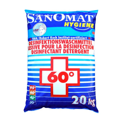 Un sac bleu avec l'inscription „Rösch Sanomat Détergent désinfectant“ est marqué sur le devant avec une croix rouge et „60°“, indiquant son utilisation comme désinfectant de 20 kg. Le produit de Rösch Germany GmbH est listé par le RKI et certifié VAH, les informations sont disponibles en allemand et en français.