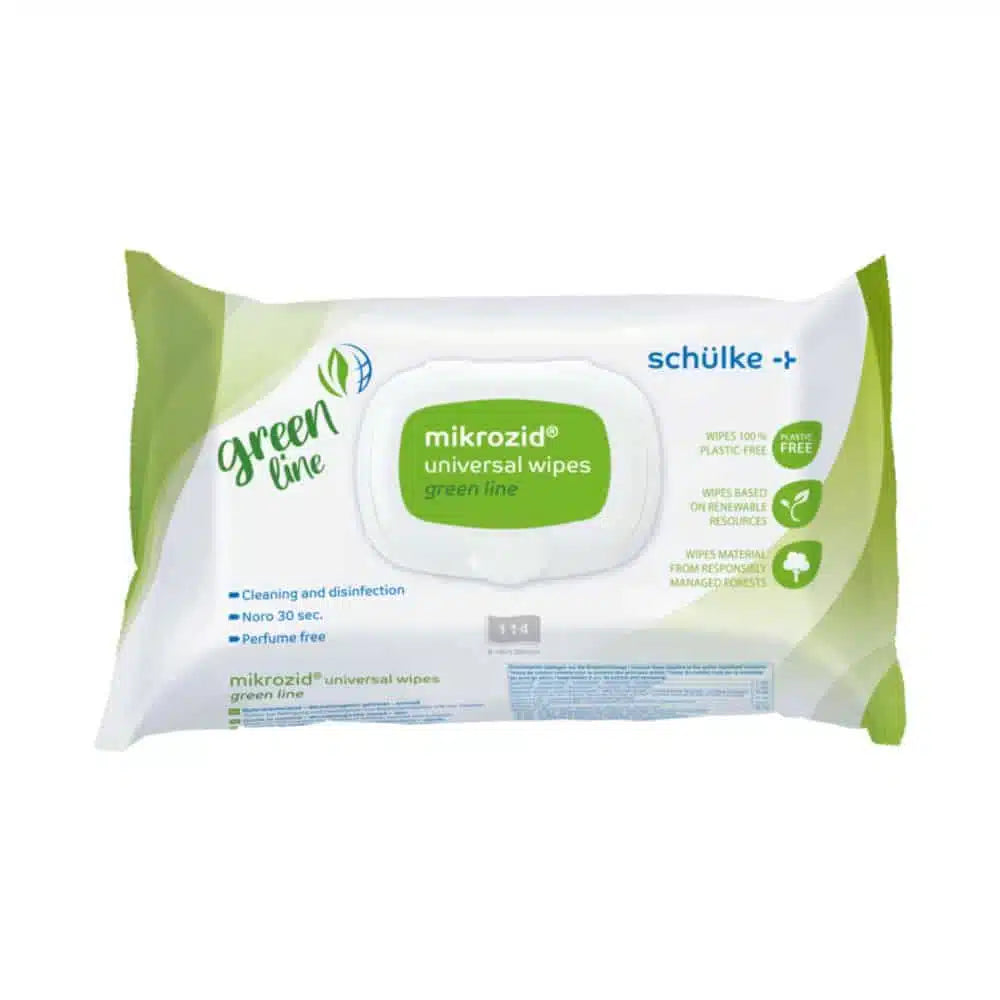 L'emballage des lingettes désinfectantes mikrozid® Universal Wipes Green Line de Schülke & Mayr GmbH est présenté (114 lingettes) avec des lingettes 100% sans plastique et sans parfum dans un emballage vert et blanc pour une prévention des infections respectueuse de l'environnement.
