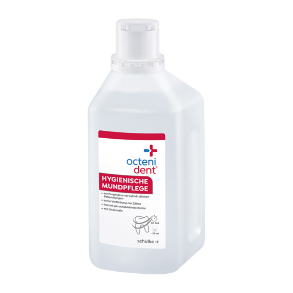 Une bouteille de solution de rinçage buccal Octenident® de Schülke & Mayr GmbH avec des étiquettes en allemand indiquant des soins bucco-dentaires hygiéniques. La bouteille est claire, contient un liquide bleu clair et a une étiquette blanche avec des accents rouges et bleus.