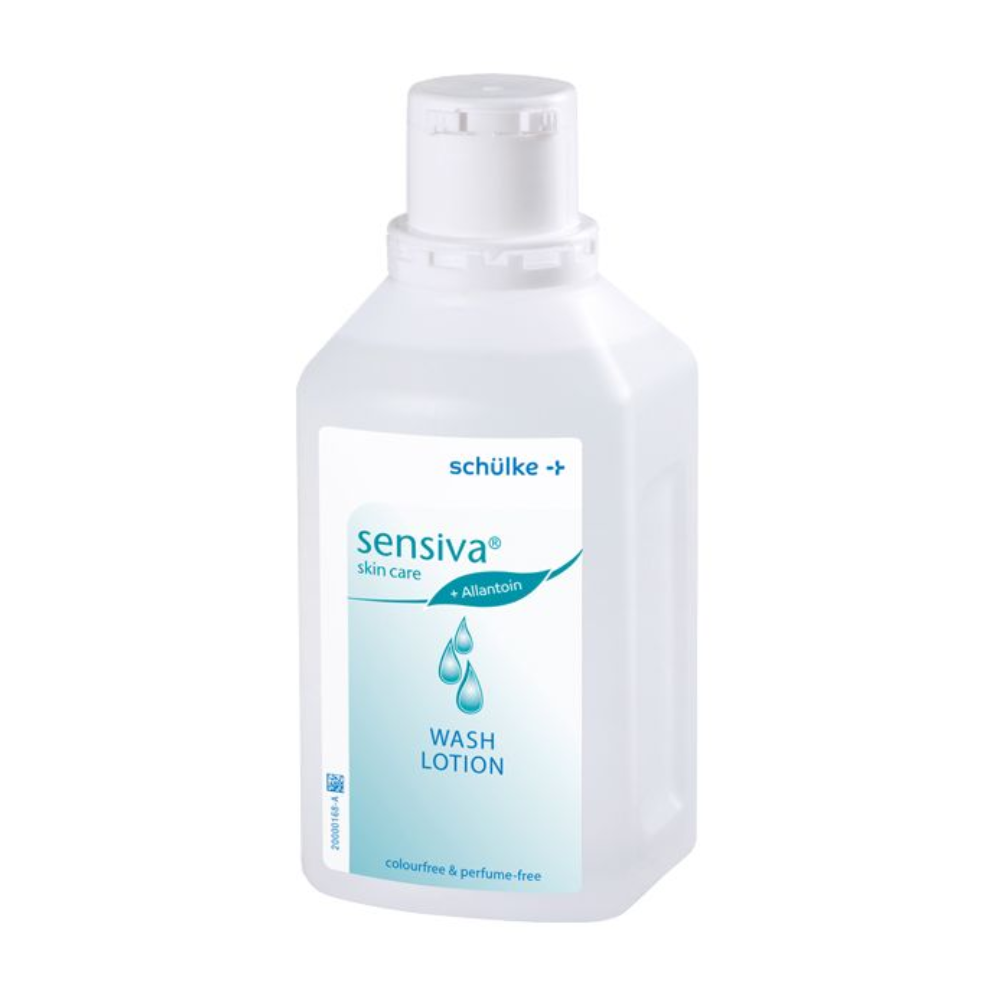 Une bouteille blanche de Sensiva® lotion lavante de Schülke & Mayr GmbH avec une étiquette bleu-vert, mise en valeur par un design de goutte d'eau. Le produit est sans colorant ni parfum.