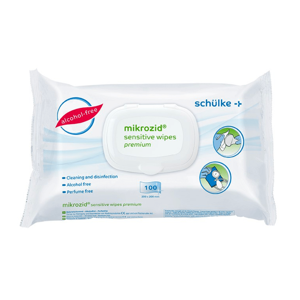 Un paquet de lingettes désinfectantes Schülke Mikrozid® sensitive wipes Jumbo de Schülke & Mayr GmbH dans un emballage plastique refermable blanc avec du texte bleu et vert ainsi que des symboles pour les propriétés sans alcool et sans parfum, contient