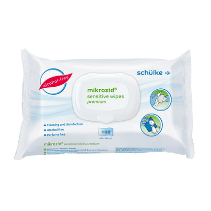 Un paquet de lingettes désinfectantes Schülke Mikrozid® sensitive wipes Jumbo de Schülke & Mayr GmbH dans un emballage plastique refermable blanc avec du texte bleu et vert ainsi que des symboles pour les propriétés sans alcool et sans parfum, contient