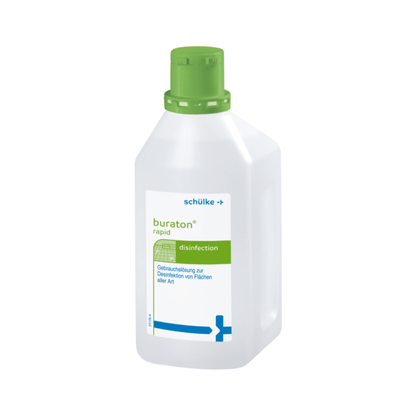 Une bouteille en plastique blanche avec un bouchon vert, sur laquelle est écrit « Schülke buraton® rapid préparation de désinfection rapide ». L'étiquette contient du texte bleu et des graphiques et indique une utilisation pour la désinfection des surfaces dans le domaine alimentaire.