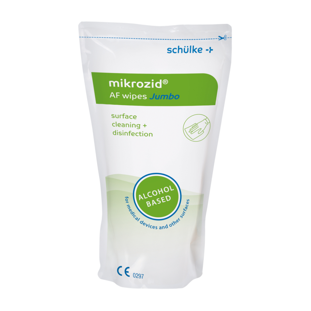 Un paquet de lingettes désinfectantes Schülke mikrozid® AF de Schülke & Mayr GmbH pour une désinfection rapide. L'emballage blanc et vert contient des informations sur le produit et des symboles d'application.