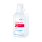 Sur un fond impeccablement blanc, une bouteille blanche légèrement inclinée portant l'inscription « Schülke optics lotion, UV Handschuhkontrolle | Flasche (500 ml) » de Schülke & Mayr GmbH est illustrée. Elle arbore un symbole de croix bleue et un texte en anglais/allemand, et le bouchon est bien fermé, ce qui indique une efficacité même sous lumière UV.