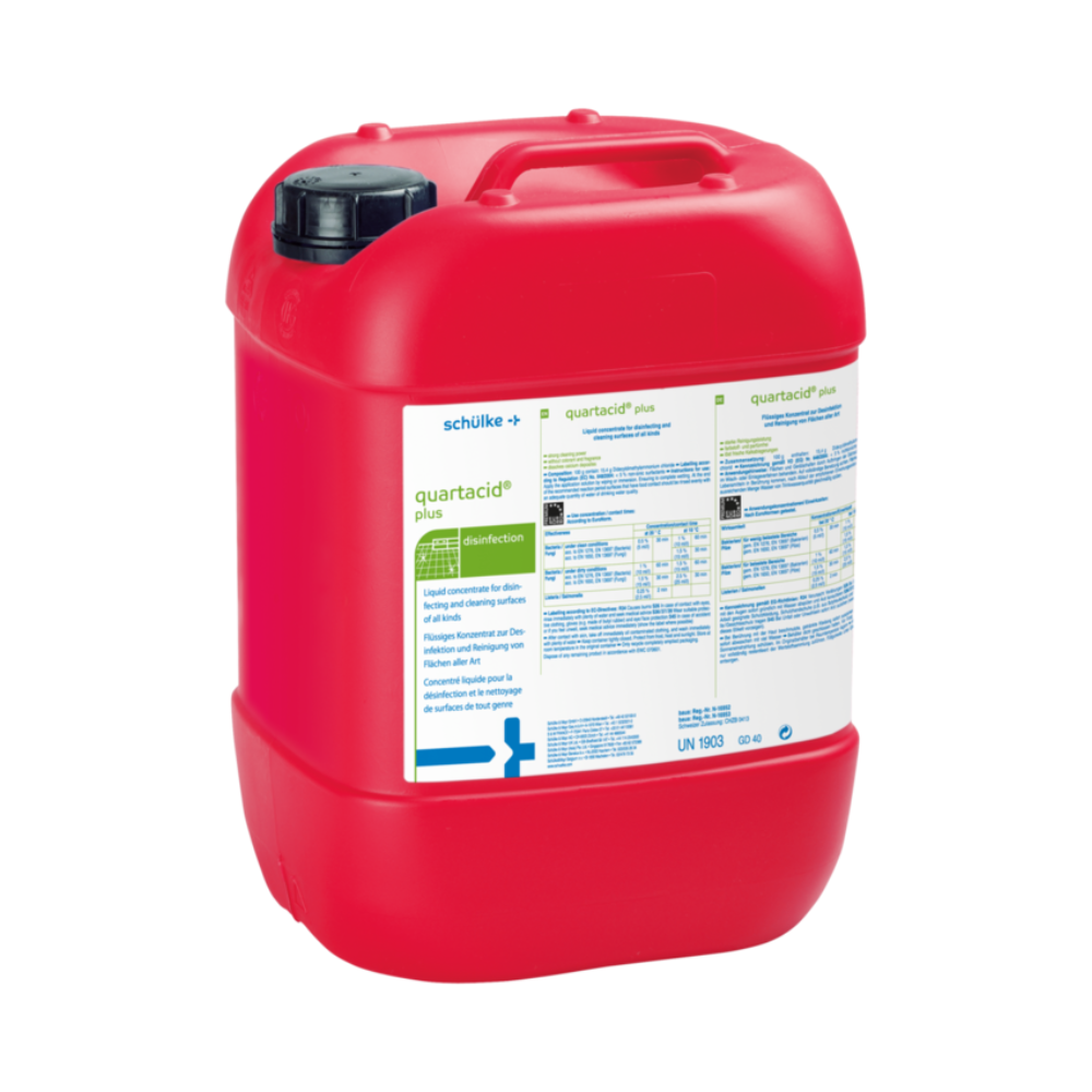 Un grand bidon en plastique rouge de 10 litres avec un bouchon à vis noir et une poignée, muni d'une étiquette blanche pour l'article de sortie de Schülke & Mayr GmbH : schülke quartacid® plus Concentré désinfectant pour surfaces.