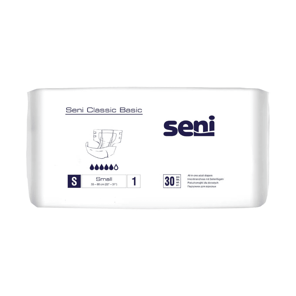 Un paquet de couches pour incontinence Seni Classic Basic (taille S, 30 pièces, 55-80 cm) de TZMO Deutschland GmbH avec une couche extérieure respirante pour le confort en cas de faiblesse vésicale ; contient des diagrammes et des symboles d'absorption sur l'emballage.