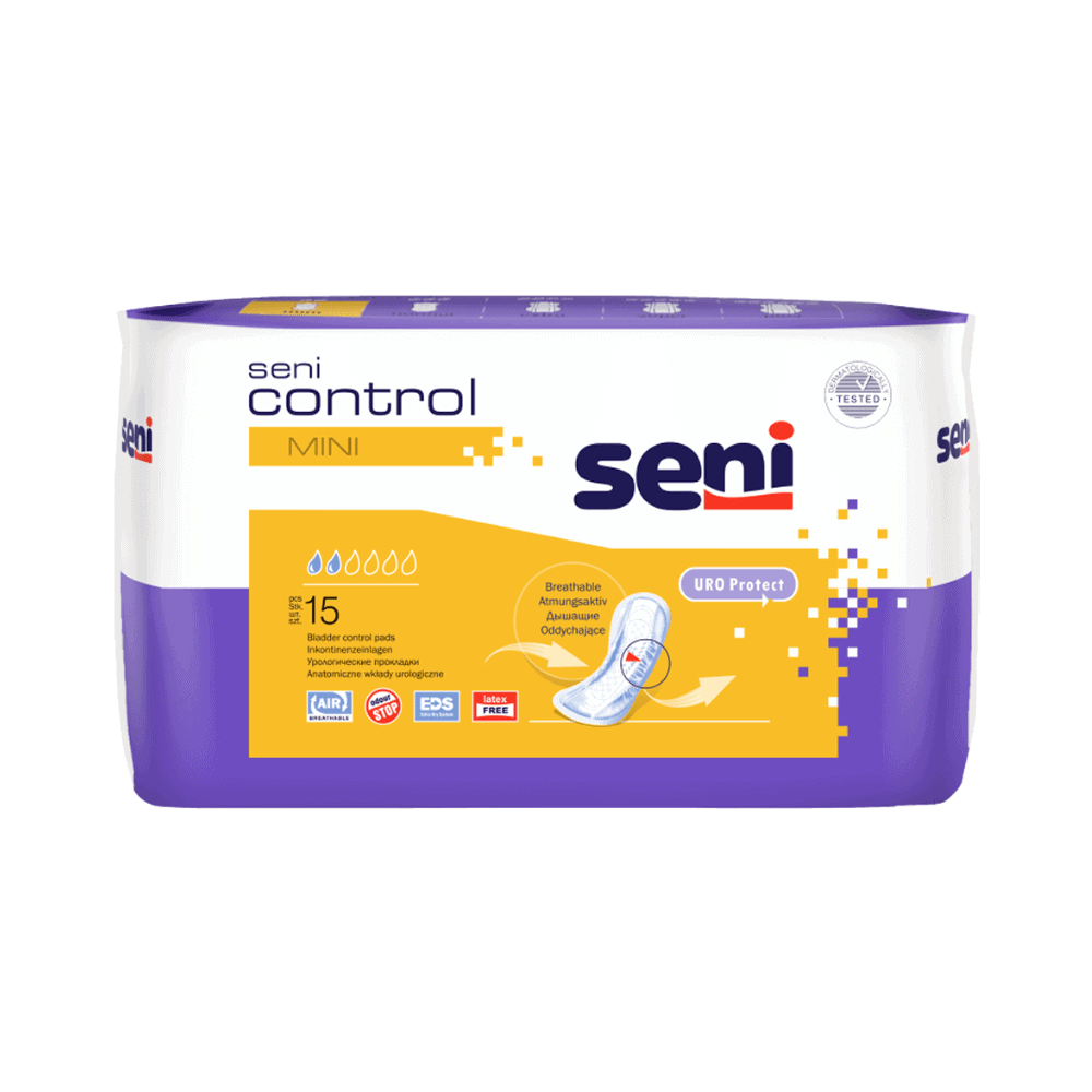 La protection contre l'incontinence Seni Control Mini | Paquet (15 pièces) de TZMO Deutschland GmbH présente un design jaune et blanc avec des informations, des symboles et un diagramme sur le devant, offrant confort et discrétion.