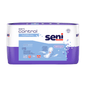 Un paquet de 15 protections Seni Control Normal pour incontinence de TZMO Deutschland GmbH dans un design violet-blanc avec des détails sur le produit. Ces protections offrent une protection respirante, discrète et confortable en cas d'incontinence.
