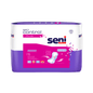 Un paquet de protections Seni Control Plus pour incontinence de TZMO Deutschland GmbH contient 15 protections, dispose d'une protection contre les fuites et est livré dans un emballage violet et blanc avec le logo du produit et une image de la protection sur le devant.