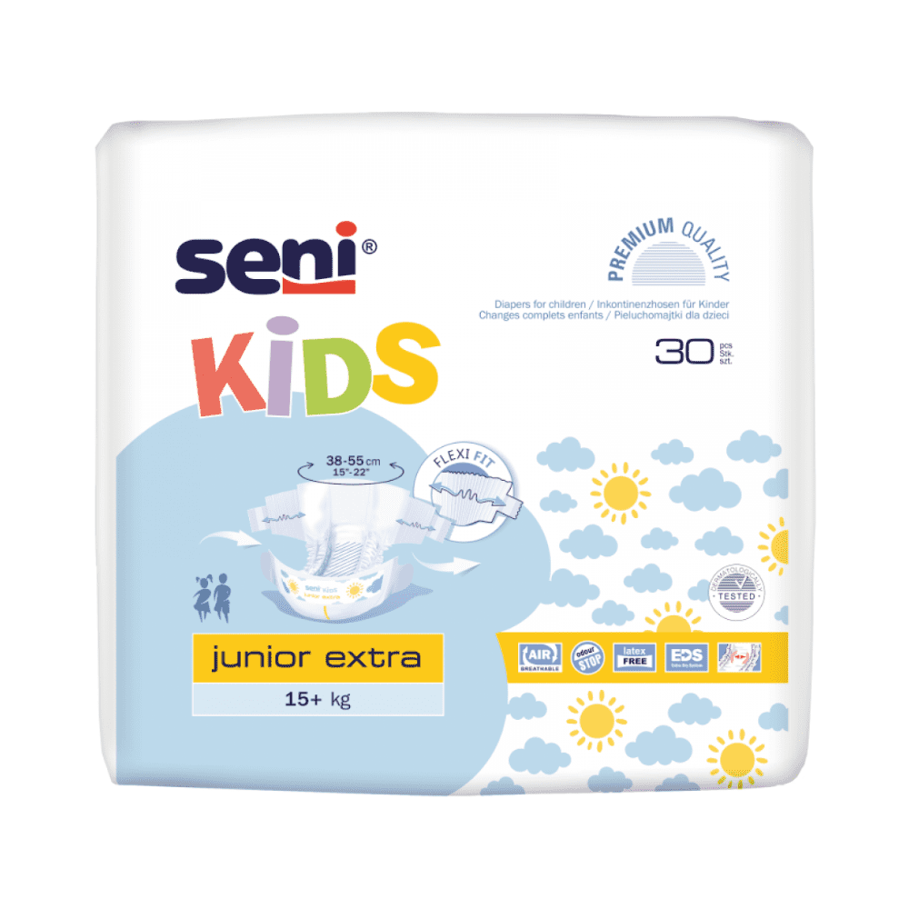 Les couches-culottes Seni Kids Junior Extra de TZMO Deutschland GmbH pour enfants à partir de 15 kg sont livrées dans un emballage coloré avec un graphique de soleil et de nuages ainsi que le symbole Extra Dry System et contiennent 30 pièces.