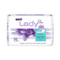 Seni Lady Slim Extra protection contre l'incontinence de TZMO Deutschland GmbH : paquet de 15 pièces, design floral violet, inscription allemande, confort de port accentué. Idéal pour une faiblesse vésicale légère à modérée.